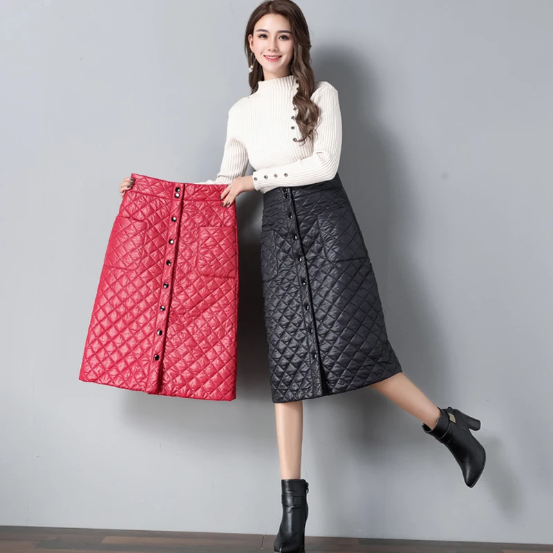 WKOUD Winter Down Skirts Women Elegant Plaid Solid Skirt High Waist