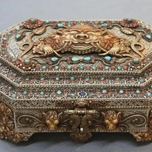 Xd 003367 Тибетский Старый Серебряный медный золотой позолоченный инкрустация бирюзовый Коралл Garuda Чехол Шкатулка для ювелирных изделий