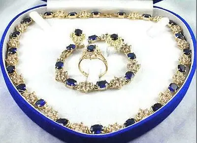 

Pretty plated 18k Yellow gold blue sapphire necklace bracelet ring set AAA style 100% Natural jade Noble Fine jewe