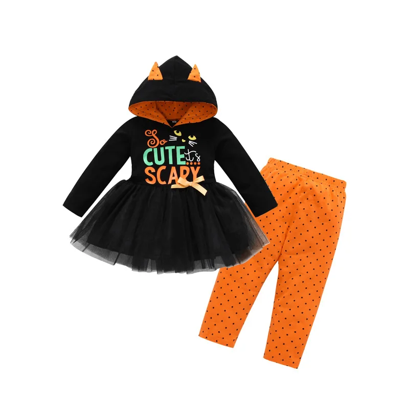 Комплект одежды для маленьких девочек, г., костюм на Хэллоуин и Рождество комплект из 2 предметов, черное платье в стиле пэчворк с милым страшным котом+ оранжевые штаны