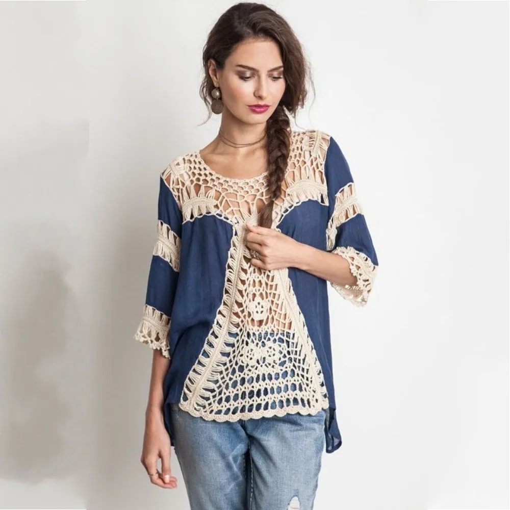 Bellyanna лето 2016 Для женщин Boho пляж blusas oversize Кружево Крючком Вязаная рубашка в стиле