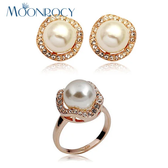 

MOONROCY Free Shipping Earring and Ring fashion Imitation Pearl rose Gold Color Crystal Jewelry Set for women