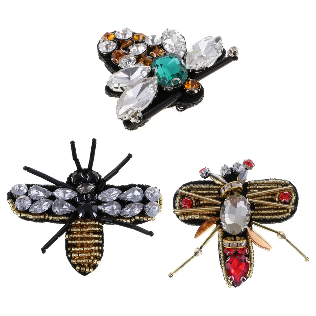 3 Pieces/set Insects Bee Rhinestone Beaded Patches Embroidery Sew on Applique