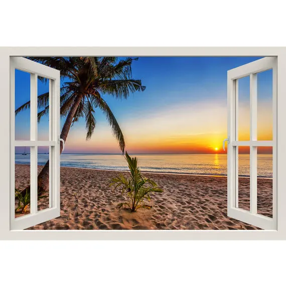 

3D Window Frame Mural Tropical beach at sunset Wall Sticker Vinyl Decal Decor Mural Kitchen Bathroom motorbike wall art