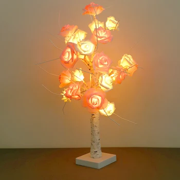 

24 pcs LED Rose Tree Table Lamp White Pink Flower Decoration Night Lights USB Port and Battery For Wedding Indoor Bedroom Lamp