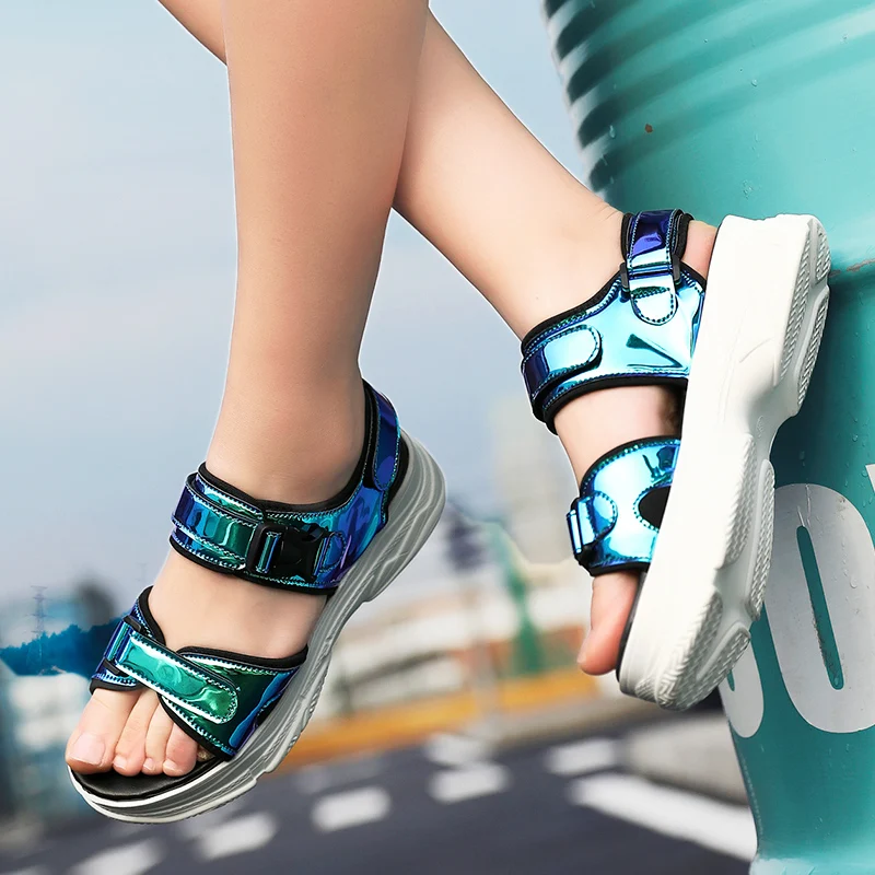 ERNESTNM 2019 New Women Chunky Sandals Bling Sequined Wedges Buckle Strap Platform Shoes 5CM Summer Sandals Pink Glitter Shoes