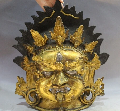 

bi003654 16"Tibet Buddhism temple Bronze 24K Gold Mahakala Buddha Head Mask Statue