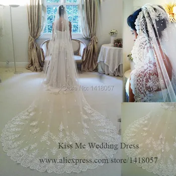 

2015 velo de novia Three Meters Long Cathedral Wedding Veils Lace Ivory White Two layers Tulle and Lace Bridal Veil Purfle Comb