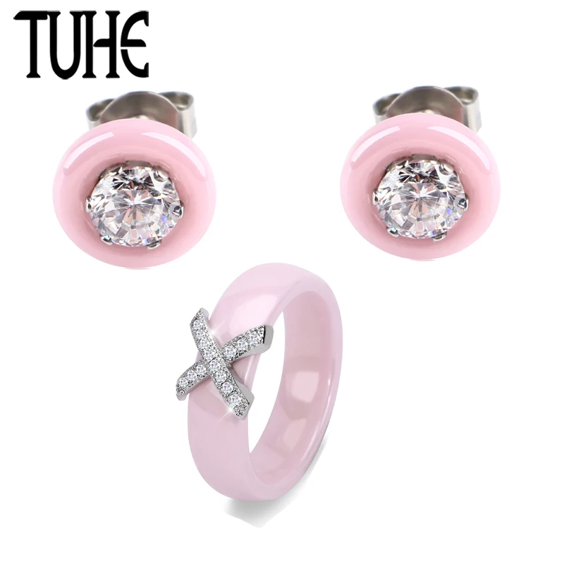 

TUHE Cute Pink Ceramic Stud Earrings With 6MM Wide Steel X Crystal Rings For Women Girl Romantic Wedding Jewelry Set Best Gifts