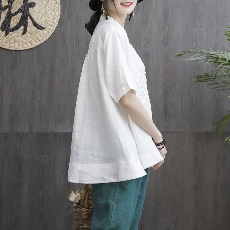  F&je New Summer Style Women Shirt Plus Size Short Sleeve Loose Embroidery Cotton Linen Blouse Big L