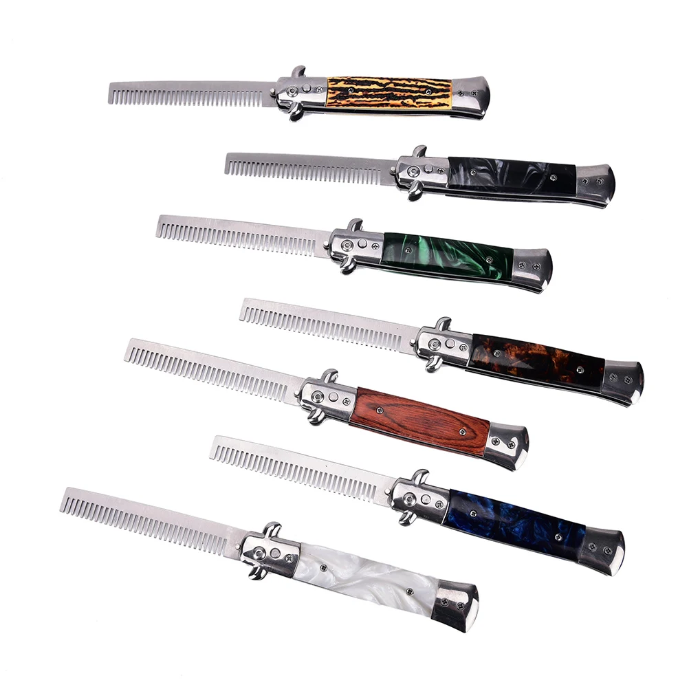 

1PCS Foldable Knife Comb Pro Automatic Hair Trimmer Butterfly Mens Pocket Comb Stainless Steel Spring Jump Brush Salon Tool
