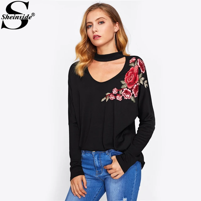 Sheinside Choker Neck Flower Embroidery Patch Tee 2017 Women Black V ... Sheinside Choker Neck Flower Embroidery Patch Tee 2017 Women Black V Neck Long Sleeve T-