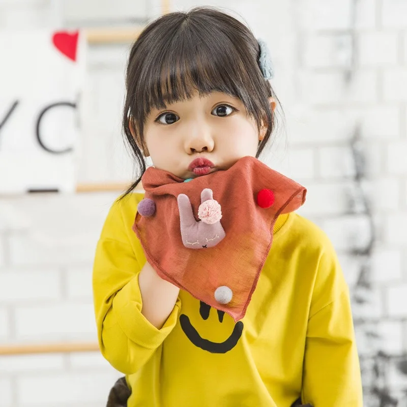 

Children's Scarf Spring New Cotton Ball Rabbit Scarf Boys And Girls Triangle Scarf Bib Thin Solid Color Scarf For Kids CS56