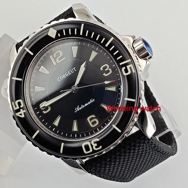 Corgeut 45 мм Роскошные брендовые оливково-зеленые джентльменские черные механические часы Мужские автоматические спортивные часы кожаные механические наручные часы