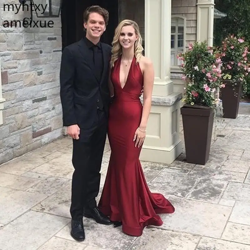 

Sexy Plus Size Burgundy Evening Dresses Deep V-neck Elastic Satin Backless Special Occasion Party Dress Long Prom Robe De Soiree