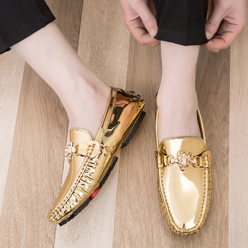 

2019 Summer Men Casual Shoes Large Size 38-48 PU Leather Shoes Gold Silver Breathable Soft Flat Non-slip Male Footwear Sneakers