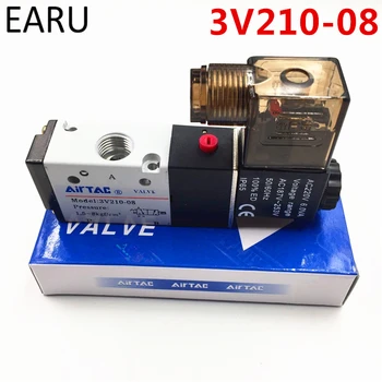 

3 Way 2 Position 1/4" BSP Port Airtac Pneumatic Air Solenoid Valve 3V210-08 With LED Light Plug DC 12V 24V AC 110V 220V Optional