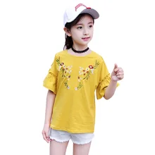 Summer new girl trumpet sleeve short sleeve loose casual student wild half sleeve embroidery flower strips shoulder T-shirt 3-12 mesh shoulder trumpet sleeve top