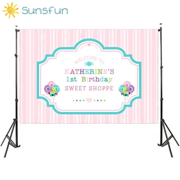 

Sunsfun Customized Vinyl Photography Girls Candy Background Pink Stripes 1st Birthday Party Backdrops for Photo Studio