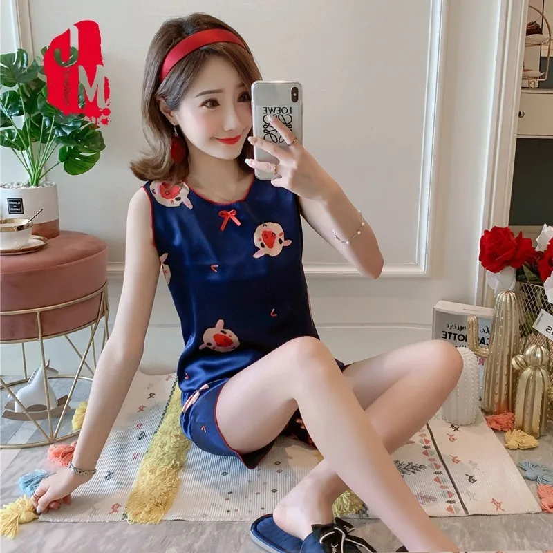 

Summer Pyjamas Short Sleeve Silk Pajamas Set Two Pieces Set Women Sleepwear Sexy Nightwear For Women Pijama Sleep Set M L XL XXL
