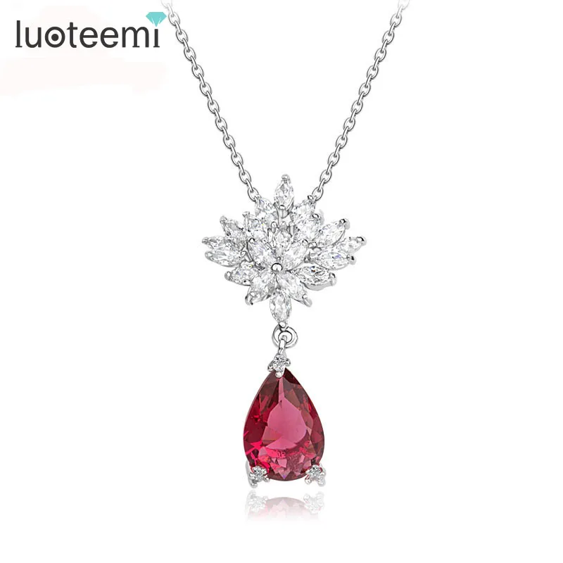 

LUOTEEMI Korean Fashion Design Luxury Noble CZ Sexy Flower Waterdrop Pendants for Women Briadal Wedding Necklace Jewelry
