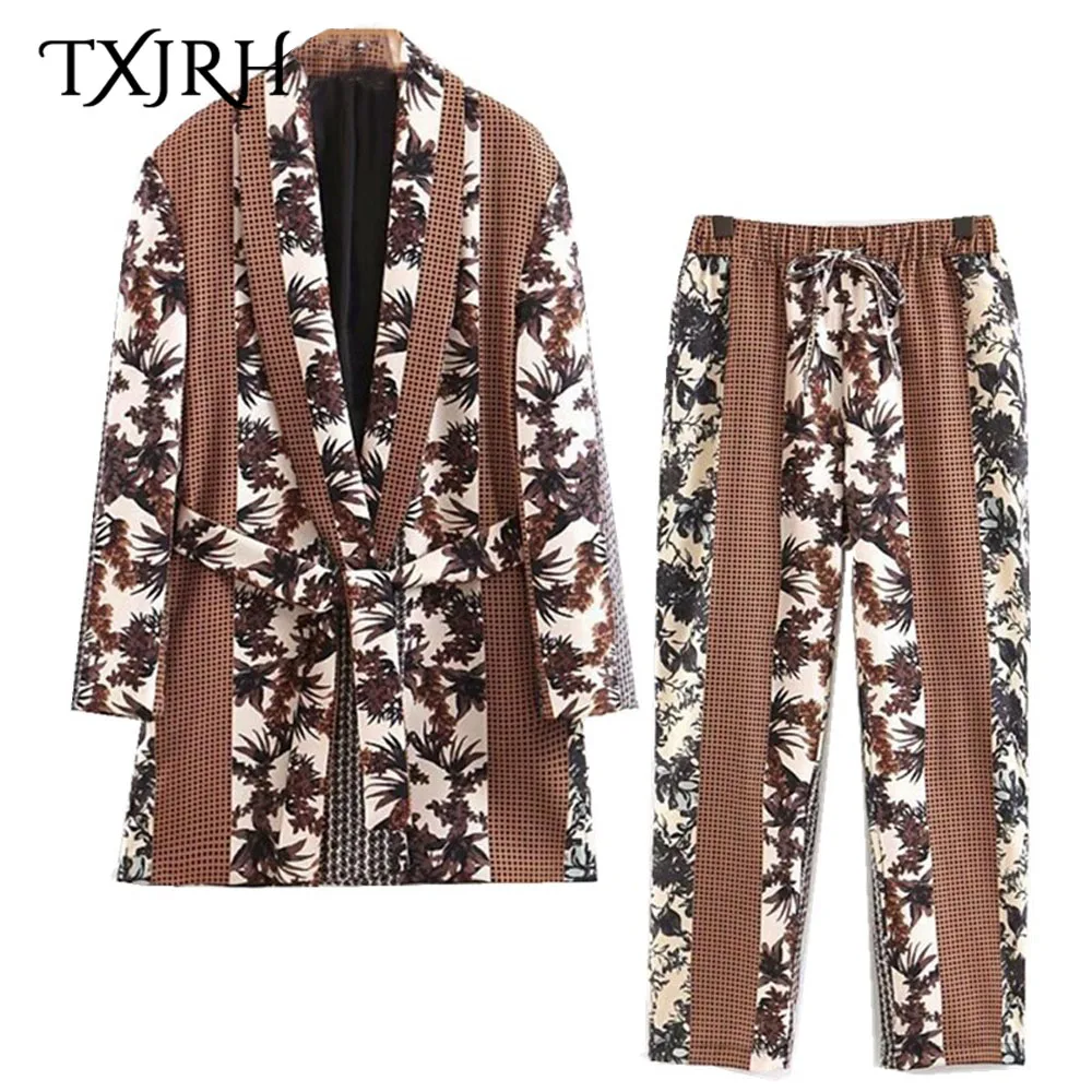 

2019 Retro Blazer Plaid Leaves Print Sashes Waist Casual Woman Contrast Color Loose Mid long Suit Jacket Coat Outerwear Brown