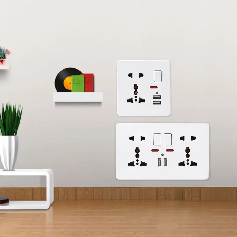 

Wall Socket With LED Light Switch 86 Type 5 Holes Double USB White PC Panel