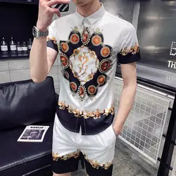 Vetement Homme Лето 2019 г. рубашки для мальчиков и короткие комплект из 2 предметов Мода барокко рубашки мальчиков мужские корейское платье