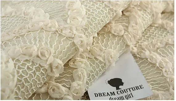

ivory rosette fabric embroidered crocheted bridal, wedding fabric