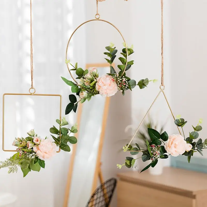 Geometric Metal Wire Wreath Hoop Frame Artificial Flower Garland Wall Hanging Decorations Wedding Party Backdrop Top