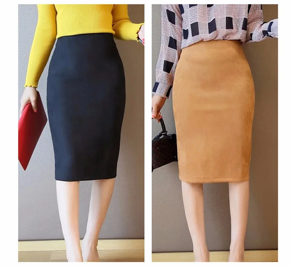 Sexy Multi Color Suede Midi Pencil Skirt Women 2018 Fashion Elastic High Waist Office Lady Bodycon Skirts Saias