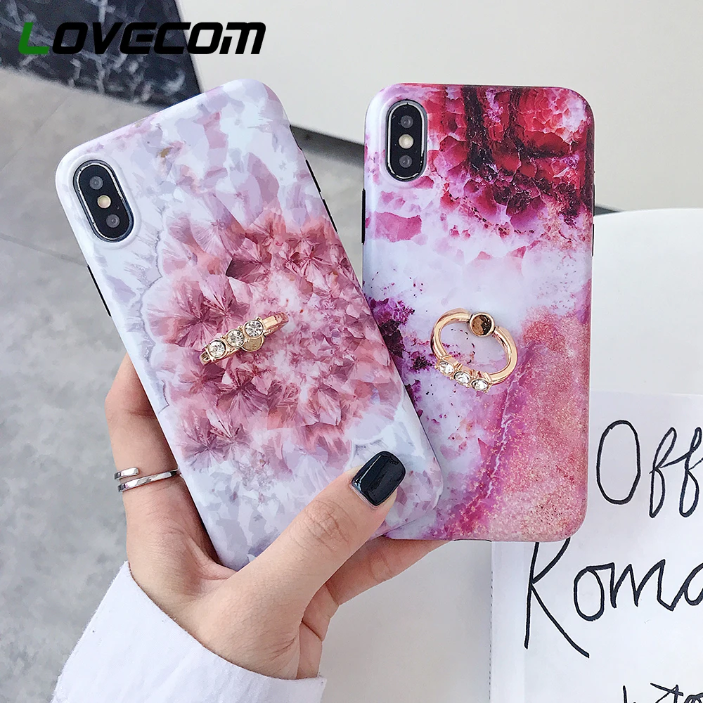 

LOVECOM Luxury Diamond Texture Flower Case For iPhone XR XS Max X 8 7 Plus 6S Plus Soft IMD Finger Ring Crystal Phone Back Cover