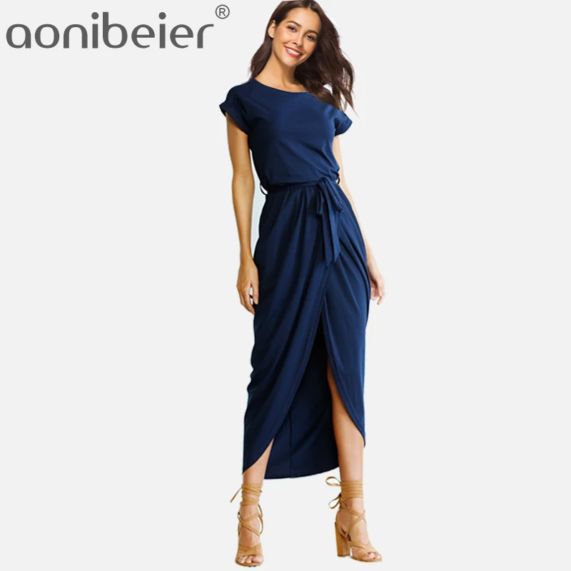 

Aonibeier Short Sleeve Maxi Dresses Asymmetric Hem Sexy Women Maxi Club Dress Long Party Plus Size Summer Dresses O Neck Sashes