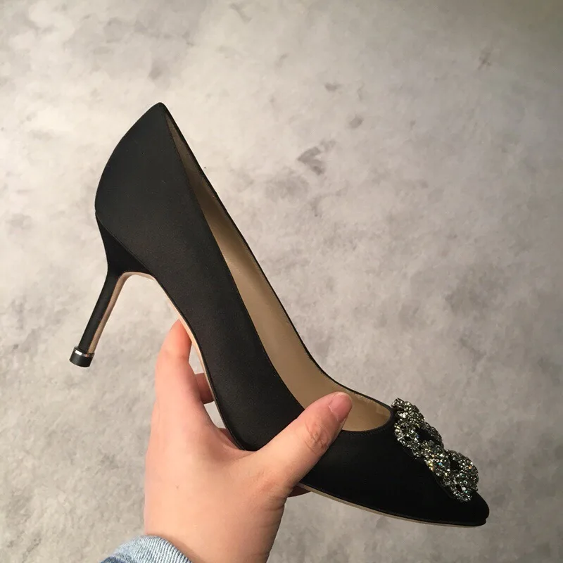 Sexy Women High Heels Pointed Toe Pumps Chic Ladies Wedding Shoes Crystal Embellished Blue White Satin Sapato Feminino
