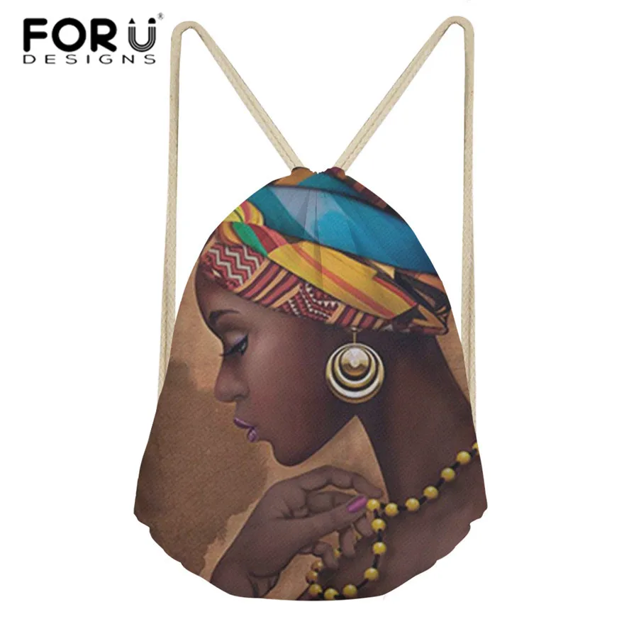 

FORUDESIGNS Drawstring Bags Women Black Art African Girl Printing Mini Shoulder Bagpack Ladies Beach String Pouch for Females