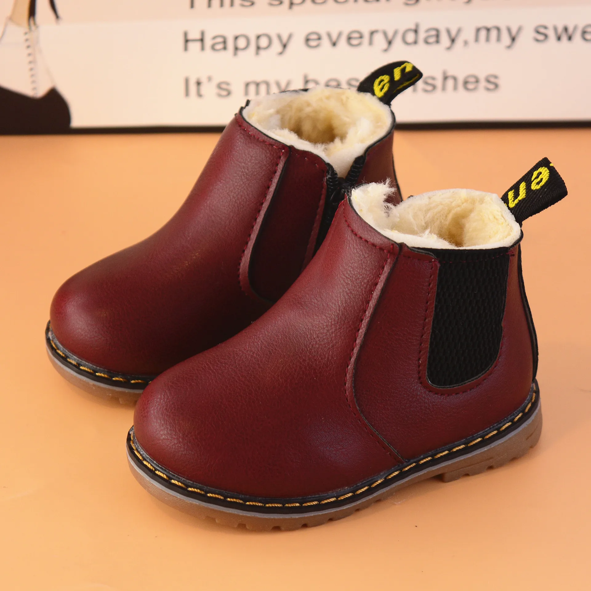 Г. Детские зимние ботинки детские зимние ботинки для мальчиков и девочек теплая детская хлопковая обувь из плюша и бархата в стиле ретро Меховая детская обувь на низком каблуке - Цвет: wine red