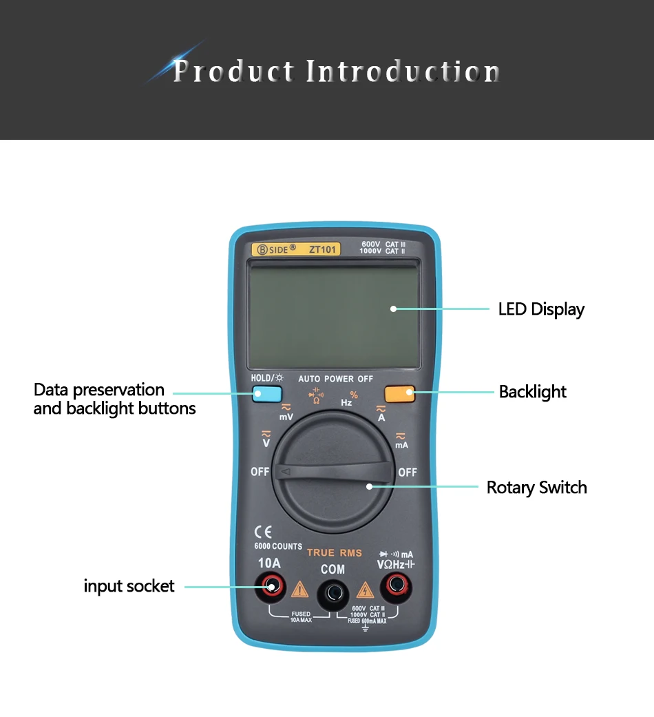 BSIDE Ture RMS цифровой мультиметр ZT101 Многофункциональный AC/DC Напряжение Ток Сопротивление Емкость Частота тестер