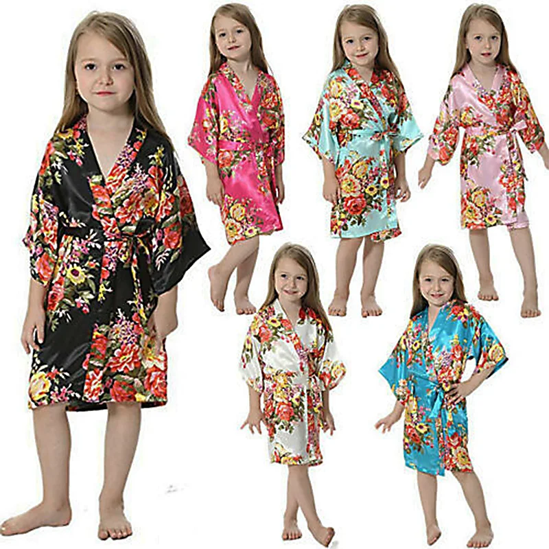 

2019 New Kids Girls Satin Silk Kimono Robe Floral Bathrobe Nightgown Bridesmaid Sleepwear for Spa Party Wedding Birthday