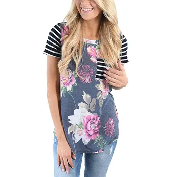 

Women Mom Pregnant Nursing Baby Short Sleeved Stripe Flower Tops T-shirt Vetement Grossesse Femme Women Pregnant Soft Clothes