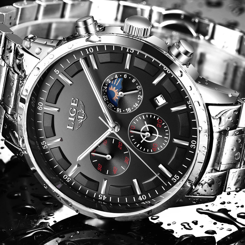 2018 New Swag Men Watches Brand LIGE Moon Phase Shining Black Dial Waterproof Business High Quality Casual Sport Quartz Watch