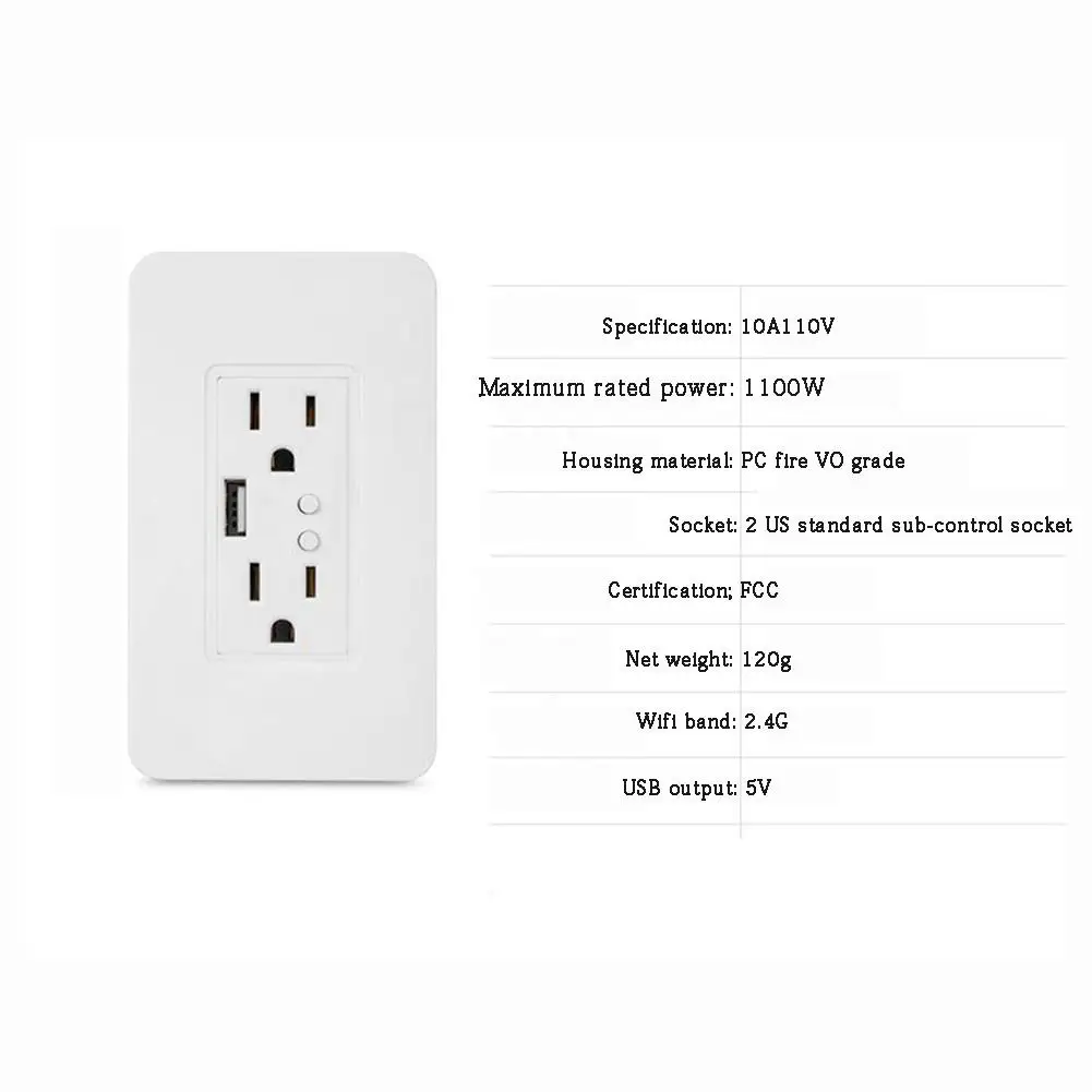 

WIFI Smart USB Dual-Hole US Standard Embedded Wall Socket Alexa Voice Control Smart Wall Plug