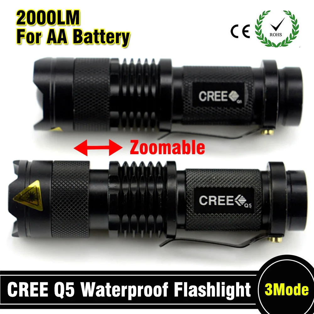 

2018 Mini LED Torch 7W 2000LM Q5 LED Flashlight Adjustable Focus Zoom flash Light Lamp free shipping 3Modes