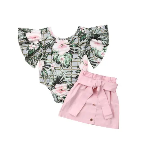 Одежда для маленьких девочек; 2 предмета; топы с цветочным рисунком для новорожденных девочек; комбинезон с рукавами с оборками+ юбка; летняя одежда