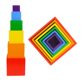 

Colorful Rainbow Building Blocks DIY 6 Colors Square Boxs Children Toys Wooden Baby Stacking Educational Building Blocks