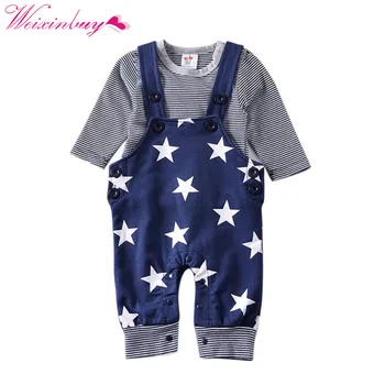 

Hot Sale Kids Set Boy Girl Baby Long Sleeve Autumn 2018 Clothes Star Printing Set Baby Stripe T-shirt+Star Bibs Infant Clothing