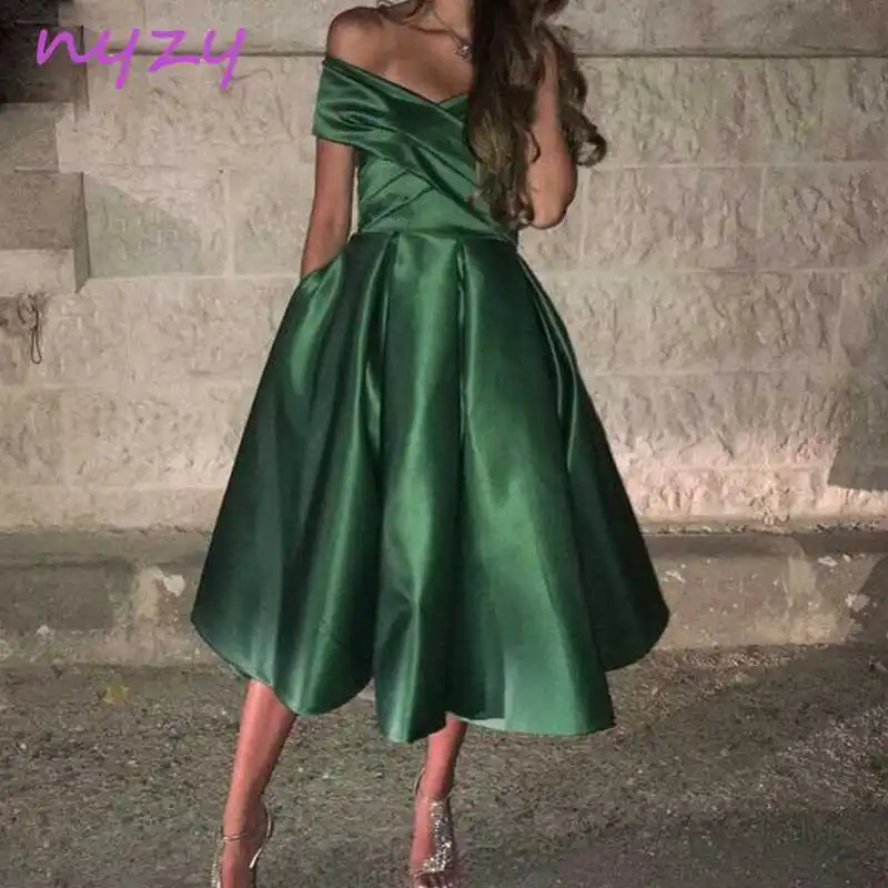 NYZY C66 Vestido Robe Изящные Вечерние платья из сатина длиной до середины икры зеленое вечернее платье courte - Цвет: Зеленый