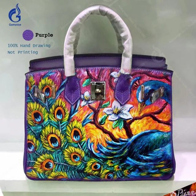 Famous Painting Bag Handbags Women Bags Real Cowskin Leather Famous Painting Bag Handbags Women Bags Real Cowskin Leather Designer Hand Drawing Art Beautiful Colorful Pea