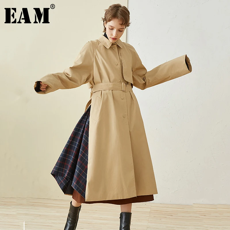 Khaki À Manches Nouveau Coupe Revers Ji314 Printemps Marée Longues vent 2019 Plaid Femmes Commune Kaki eam Veste Côté De Fendue Longue Mode wqI1x5XAn