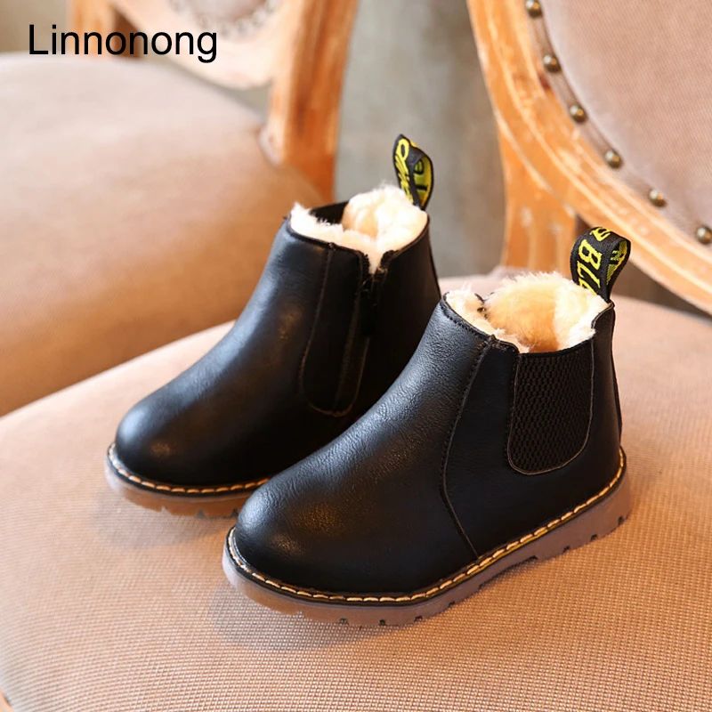 Classical Child Winter Shoes Kids Boys Girls Zip PU Leather Fashion