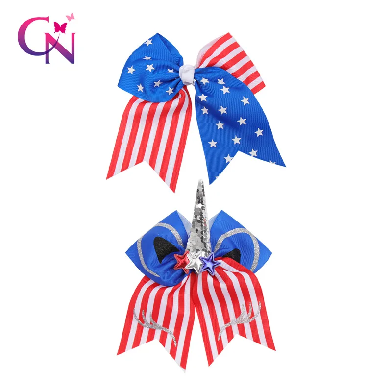 

CN 7" Hair Accessories Independence Day Cheer Bow With Hair Clips for Girls Sequins Unicorn Hair Holder 4th of July Hair Bows